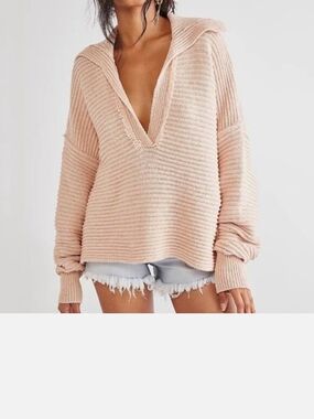 Free People Blush Pink Deep V-Neck Hooded Ribbed Sweater